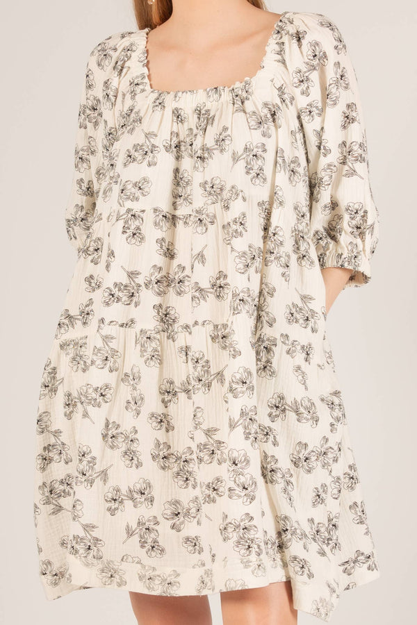 3-Ply Gauze Floral Print Gauze Tiered Mini Dress