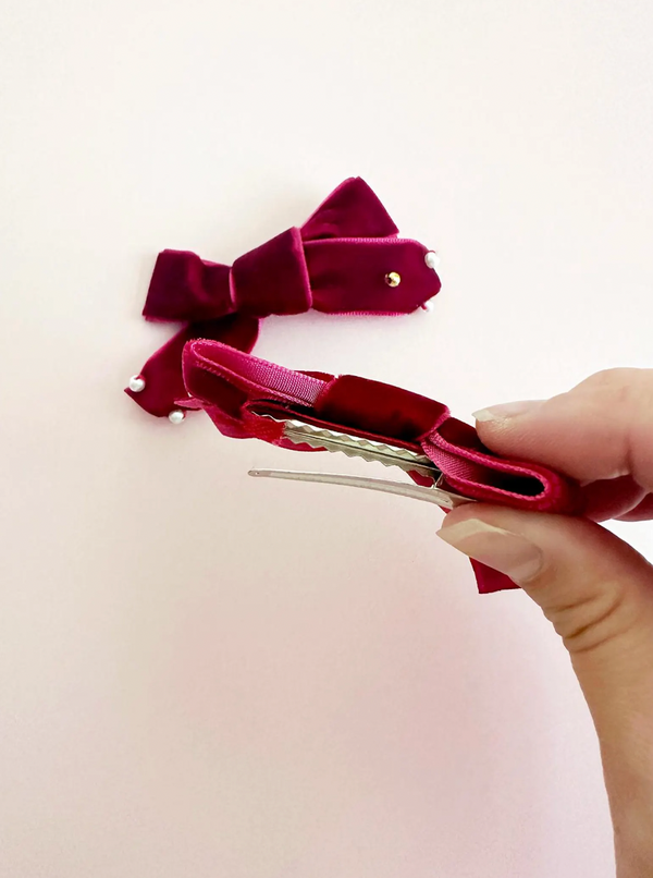 Mini Velvet Red Bows with Bead Embroidery (Set of 2) - 3