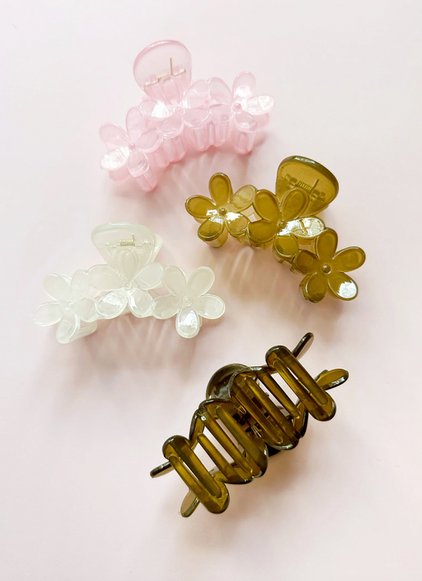 Medium Translucent Triple Floral Cluster Hair Claw Clips - 2