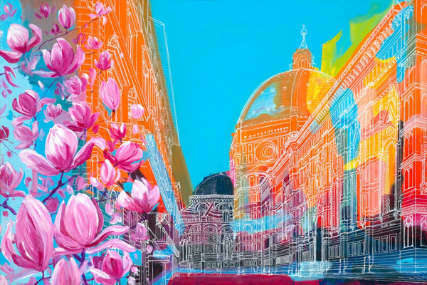 Colorful European Cathedral and Pink Magnolia Art Print