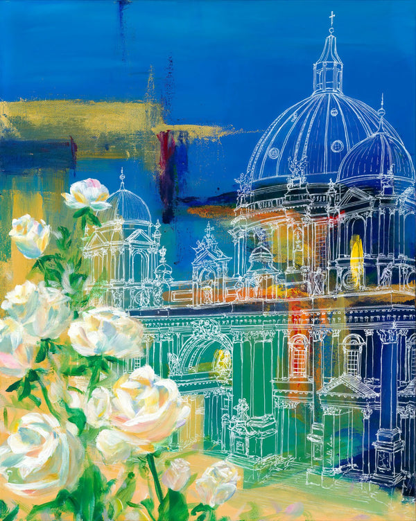 Blue European Cathedral With White Roses Art Print