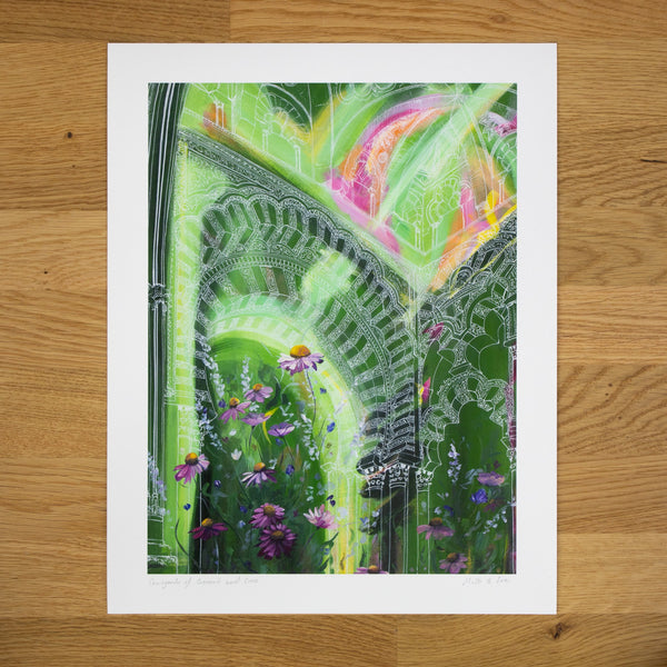 Green Archways with Pink Flowers Print