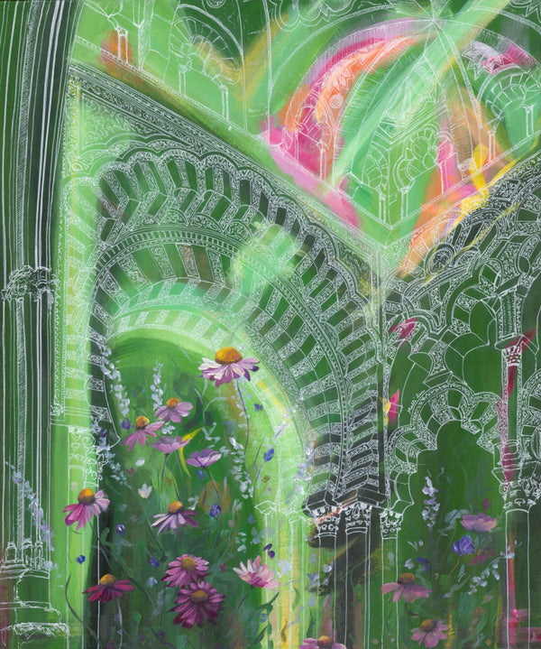 Green Archways with Pink Flowers Print