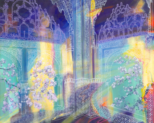 Vibrant Islamic European Fort with Tree Blossom Art Print