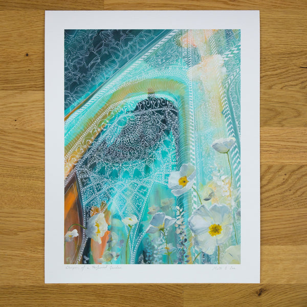 Teal Islamic Architecture with White Flowers Art Print