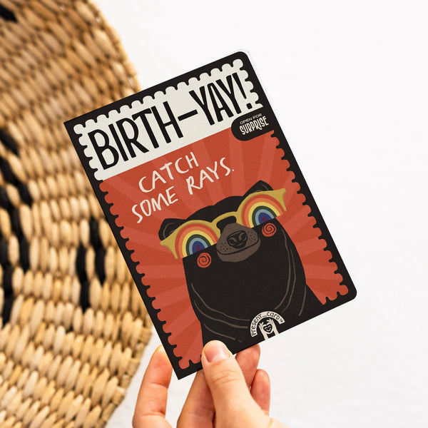 PresentCard™ Birth-Yay! Catch Some Rays Retro Rainbow Bear Birthday Card