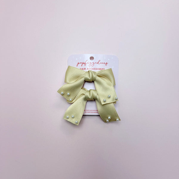 Yellow Mini Bows with Pearl Embroidery - Set of 2