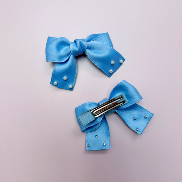 Blue Mini Bows with Pearl Embroidery - Set of 2