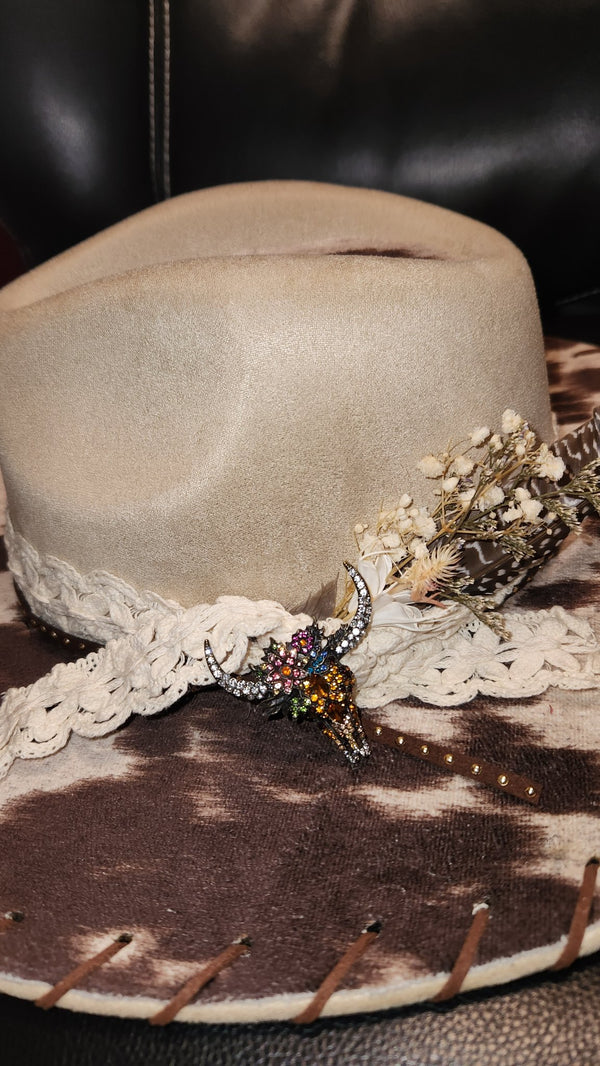 Beige and Brown Cowhide Hat