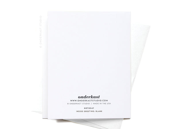 The Holy Shit Engagement Ring Greeting Card by Onderkast Studio sits atop a matching white envelope. The back features the Onderkast Studio name and website in black text near the bottom center.