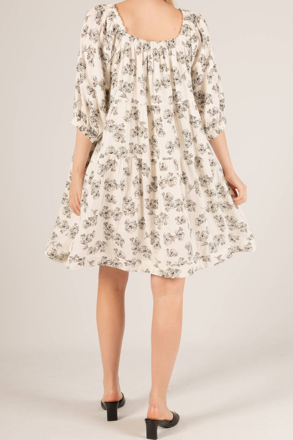 3-Ply Gauze Floral Print Gauze Tiered Mini Dress