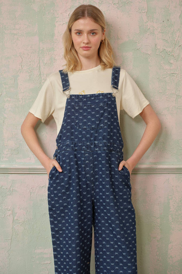 Bow-Patterned Denim Overalls
