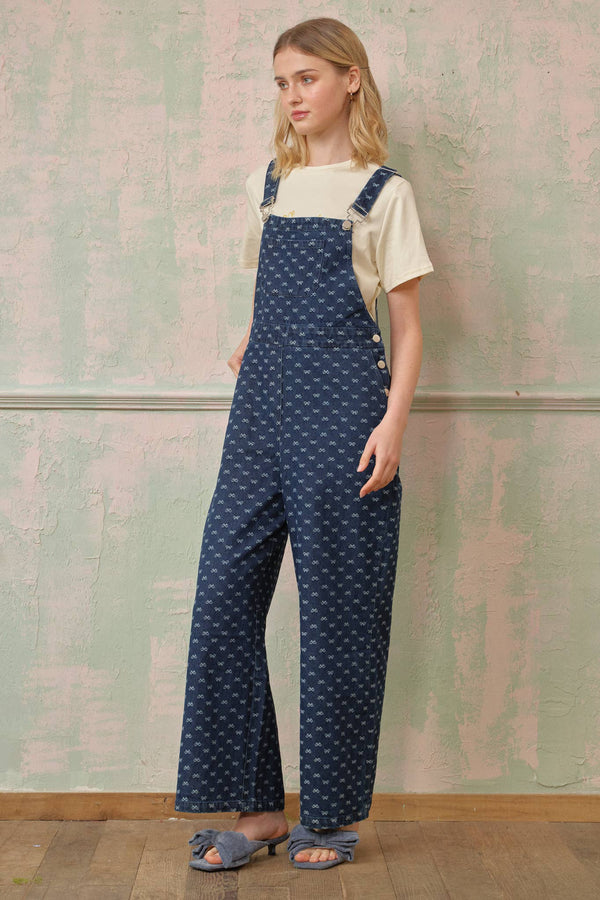Bow-Patterned Denim Overalls