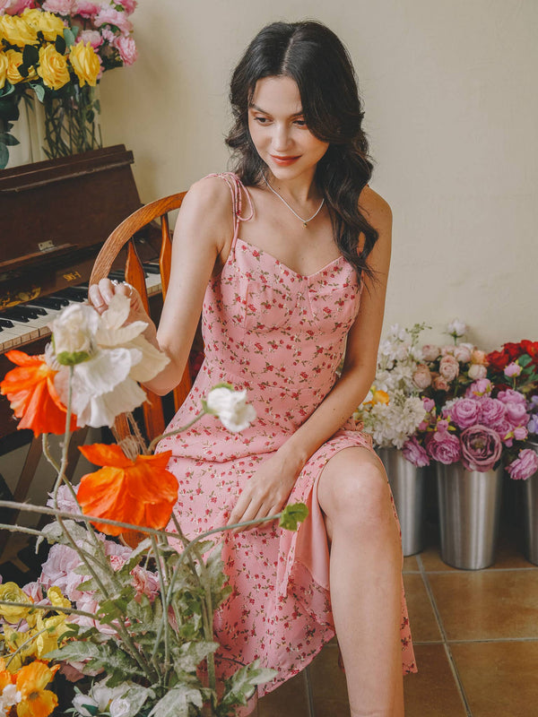 Rosy Meadow Tie-Strap Midi Dress