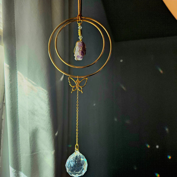 Round Crystal Suncatcher // Single Stone with Iridescent Bead