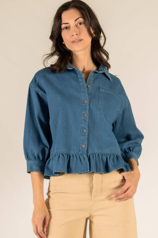 3/4 Sleeve Ruffle Button Up Shirt