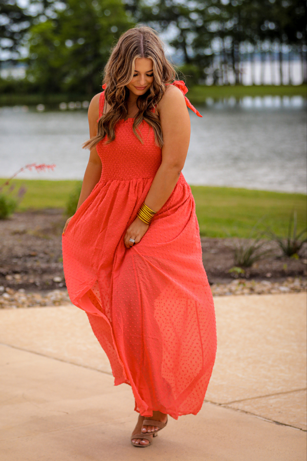 Barcelona Swiss Dot Maxi Dress - Coral