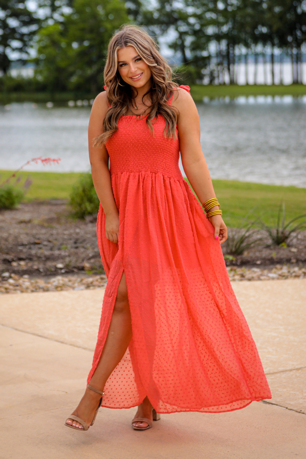 Barcelona Swiss Dot Maxi Dress - Coral