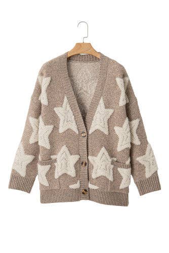 Star Pattern Textured Sweater Cardigan with Pockets