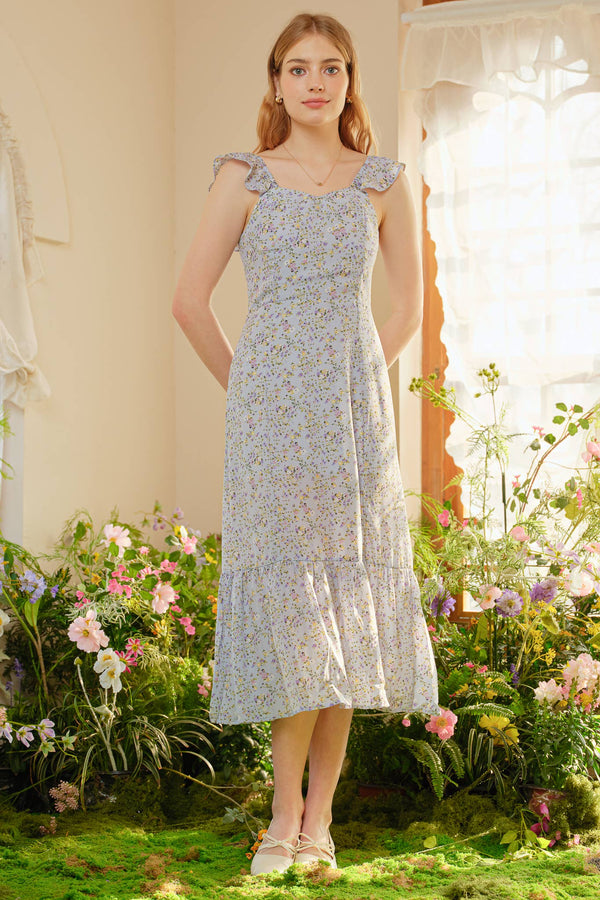 Blue Blossom Print Long Dress