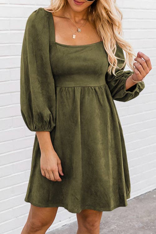 Green Suede Square Neck Puff Sleeve Dress