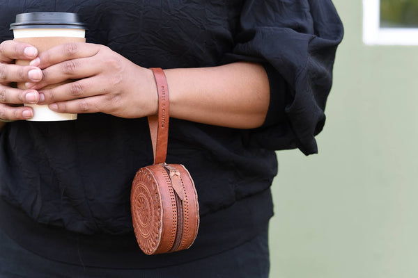 Embossed Circle Wristlet in Brown - 2