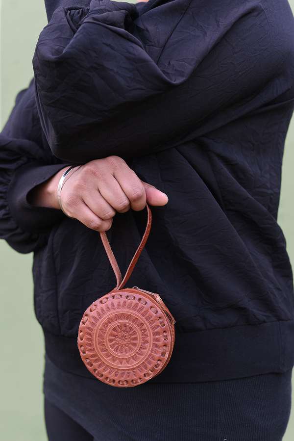 Embossed Circle Wristlet in Brown - 3