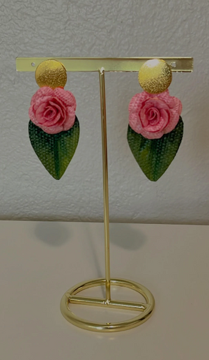 Rose with leaf banana fiber earrings-Pink  - 1