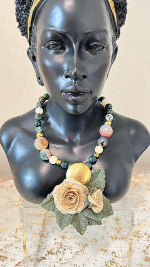 Natura Roses with Leaves Necklace- Banana fiber  - 1