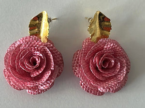  Rose and Leaf 24K Gold Stud Earrings- Banana Fiber - 1