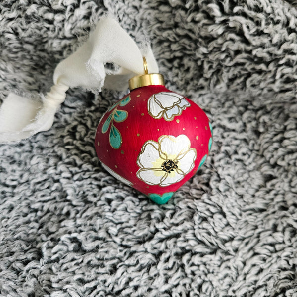 Red Floral Handpainted Ornament - 2