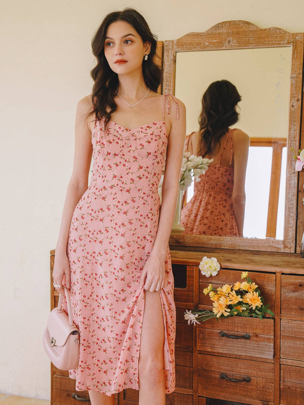 Rosy Meadow Tie-Strap Midi Dress