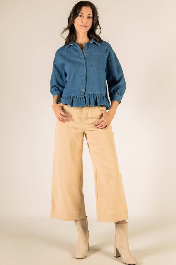 3/4 Sleeve Ruffle Button Up Shirt