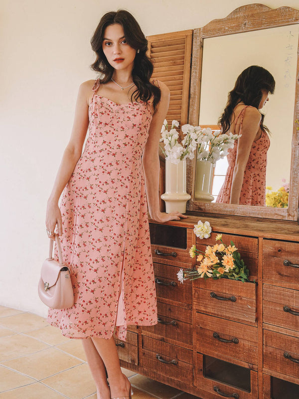 Rosy Meadow Tie-Strap Midi Dress