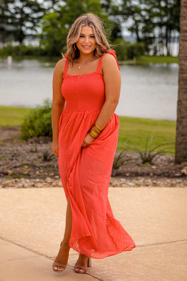 Barcelona Swiss Dot Maxi Dress - Coral