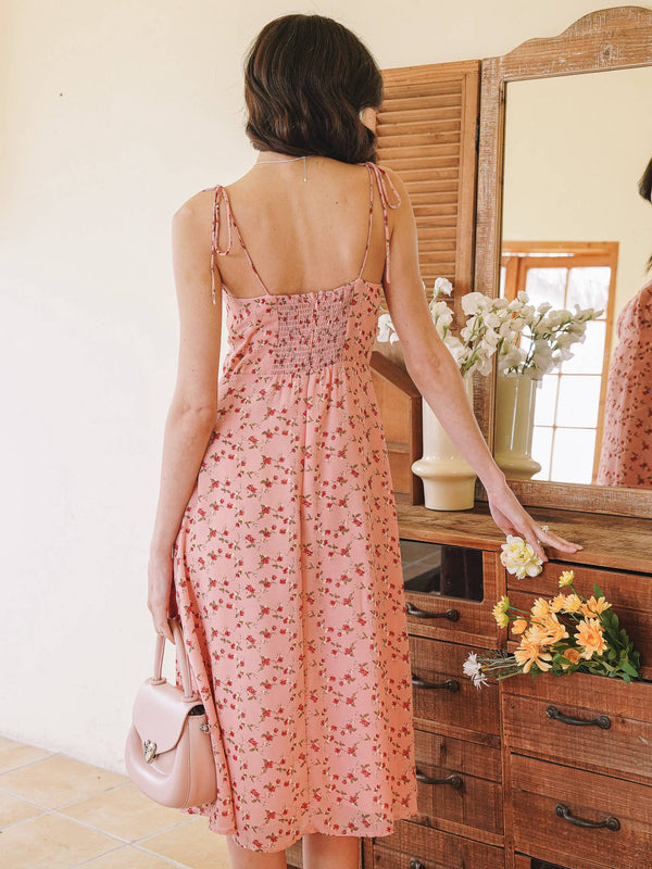 Rosy Meadow Tie-Strap Midi Dress