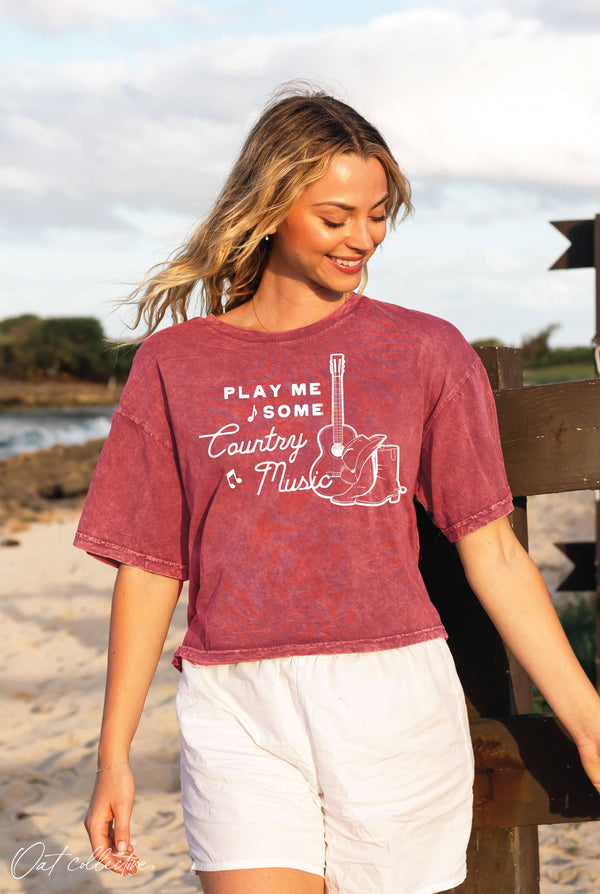 Play Me Some Country Music Cropped Mineral Graphic Top