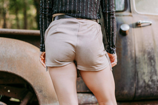 Holy Cow Vegan Suede Fringe Front Shorts - Taupe