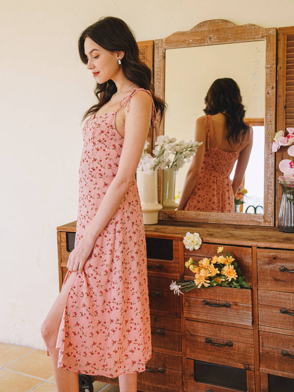Rosy Meadow Tie-Strap Midi Dress