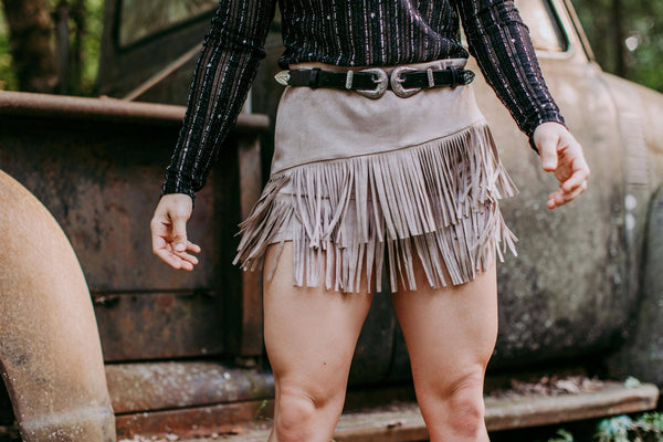 Holy Cow Vegan Suede Fringe Front Shorts - Taupe