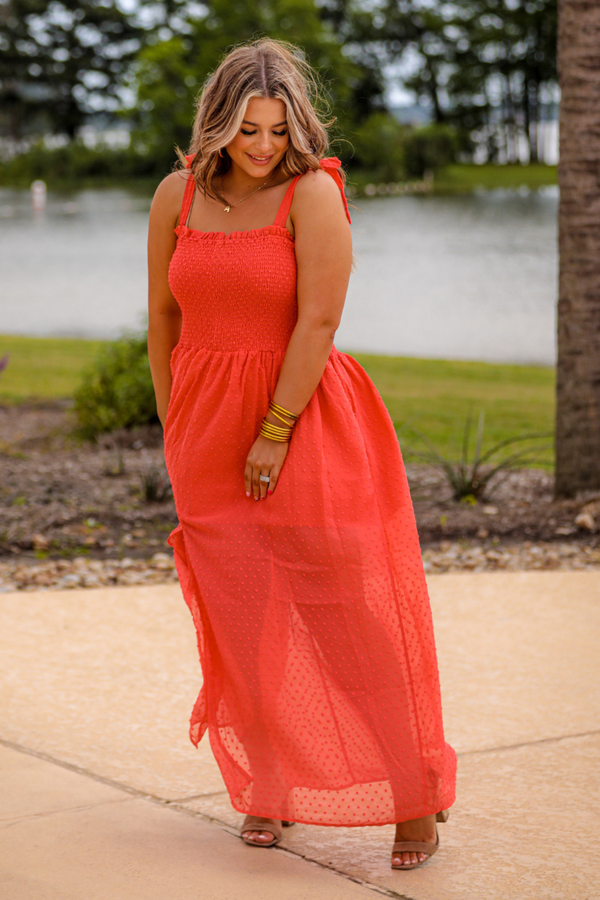 Barcelona Swiss Dot Maxi Dress - Coral