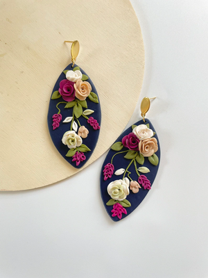 Blue Wild Rose Statement Dangle Earrings - 1