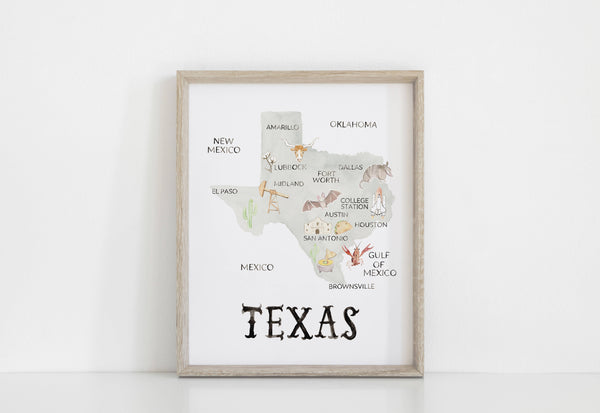 Texas Map Watercolor Art Print