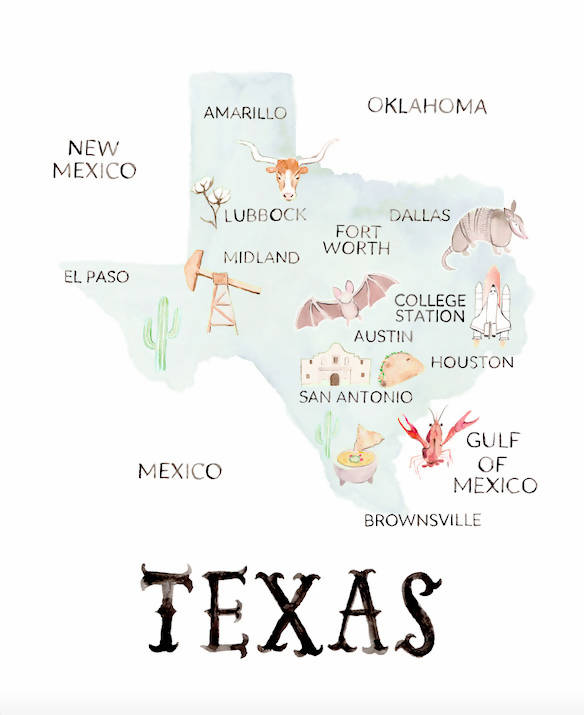 Texas Map Watercolor Art Print